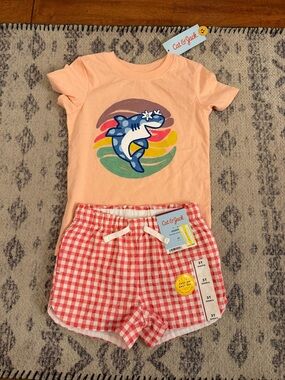 Cat & Jack Girls Summer Outfit Peach Graphic Shark Tee with Red Gingham Shorts